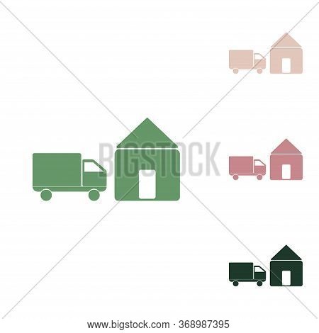 Home Delivery Sign. Russian Green Icon With Small Jungle Green, Puce And Desert Sand Ones On White B