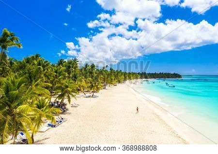 Aerial Drone View Of Beautiful Caribbean Tropical Island Beach With Palms. Saona, Dominican Republic