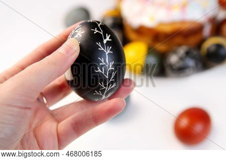 Defocus Easter Black Egg With Tree Ornament. Easter Cake Craffin. Close Up Easter Eggs Pastel Colore