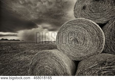 Hay Bales In The Foreground Await A Spring Thundershower Seen Approaching From The Distance.  Sepia 