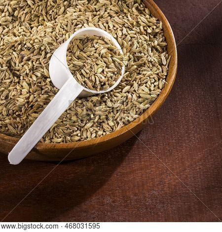 Dried Organic Fennel Seeds In The Spoon - Foeniculum Vulgare