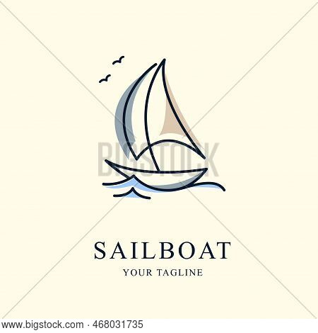 Simple Sailboat Dhow Boat Ship On Sea Ocean Wave With Line Art Style Logo Design