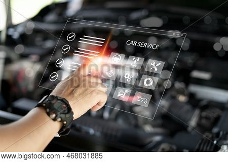 Car Service On Virtual Screens Concept, Service Staff Pointing On Smart Checklist Of Car Service Ite