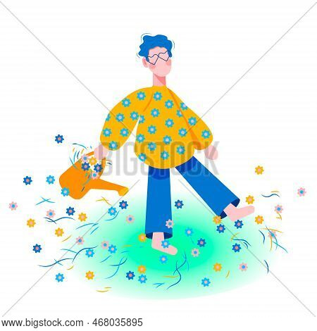 Man Flowers With Sprinkler Watering Can Illustration Vector Isolated