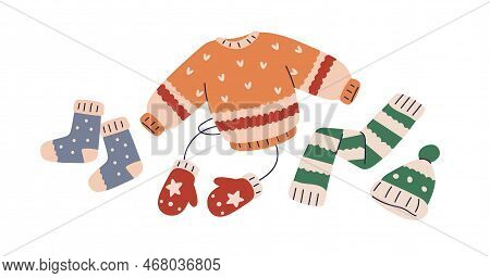 Knitted Clothes Set. Kids Knitwear Garments. Warm Wearing, Sweater, Winter Hat, Mittens, Cozy Socks,