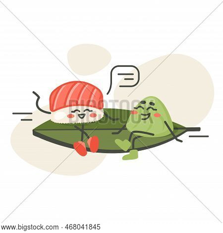 Cartoon Characters Sitting On A Leaf And Talking. Japanese Roll With Vassabi. Asian Dish. Doodle Dra