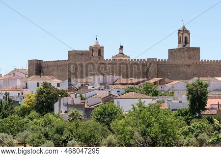Panoramic View Of The Beautiful Village Of Fregenal De La Sierra With Its Templar Castle And Church.