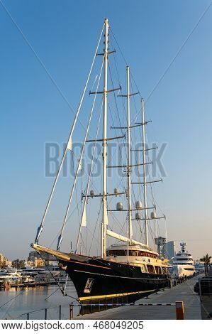 Large Sail Boat Moored At The Harbour In Barcelona In Februari