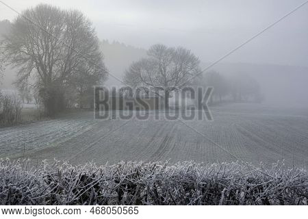 Beautiful Winter Landscape In English Countryside At Dawn With Thick Fog Hiding Farm Buildings Acros