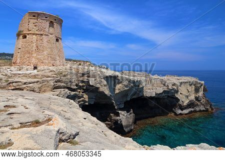 Torre Di Porto Miggiano - Medieval Fortification Tower In Italy. Santa Cesarea Terme.