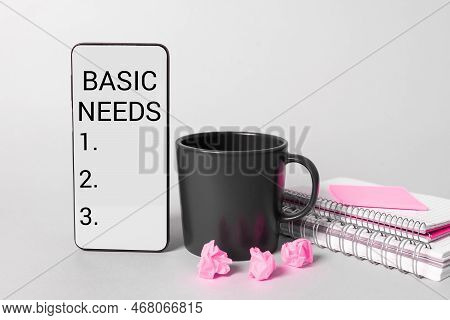 Text Sign Showing Basic Needs. Concept Meaning Something That You Must Have In Order To Sustain Or L