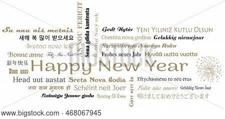 Happy New Year Vector Lettering. European Languages, Chinese, Japanese, Hindi, Korean. With Firework