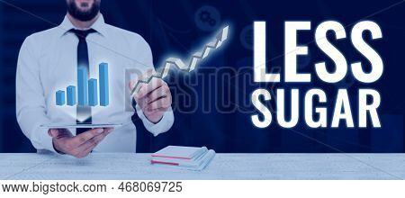 Hand Writing Sign Less Sugar. Word For Lower Volume Of Sweetness In Any Food Or Drink That We Eat