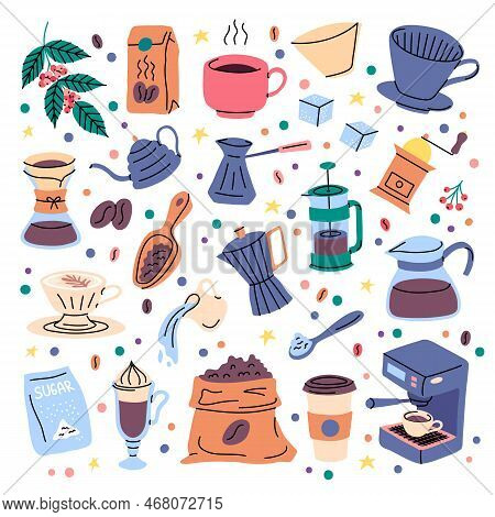 Vector Coffee Preparation Equipment Doodle Set. Coffee Brew Tools Isolated. Berries On Branch, Paper