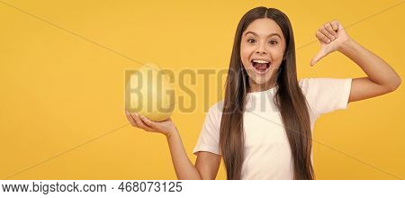 Happy Child Girl Hold Big Citrus Fruit Of Yellow Pummelo Or Pomelo Full Of Vitamin. Child Girl Portr