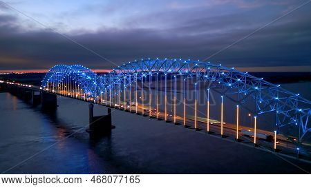 Hernando Do Soto Bridge In Memphis Between Arkansas And Tennessee At Night - Aerial View