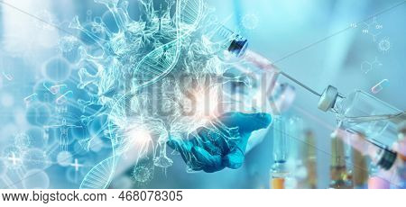Healthcare And Medicine, Covid-19, Hand Of Doctor Holding Virus With Vaccine Diagnose And Coronaviru