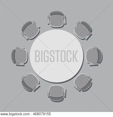 Vector Round Table For Discussion Meeting Isolated On Gray Background. Top View Of Round Table And C