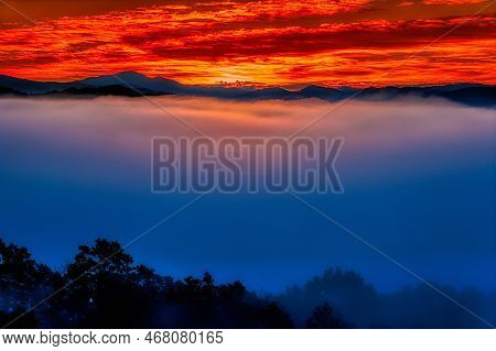 A Photograph Of A Cold October Dawn From The Foothills Near The Great Smoky Mountains National Park.