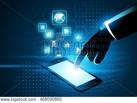 Vector Illustration Of Businessman Touching A Smart Phone Screen, The World In Your Hand, Modern, Di