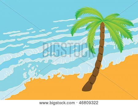 Tropisk palme på stranden med havet. Vektor illustration
