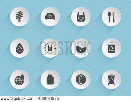 Zero Waste Vector Icons On Round Puffy Paper Circles With Transparent Shadows On Blue Background. Ze