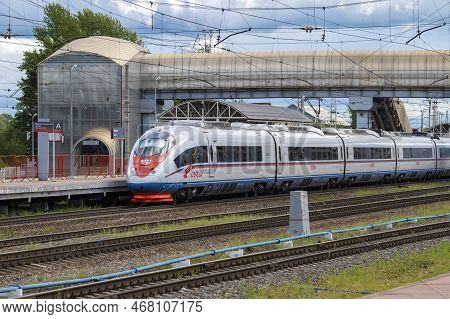 Bologoe, Russia - July 16, 2022: Sapsan High-speed Electric Train Arrived At Bologoe Station On A Cl