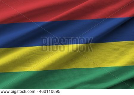 Mauritius Flag With Big Folds Waving Close Up Under The Studio Light Indoors. The Official Symbols A