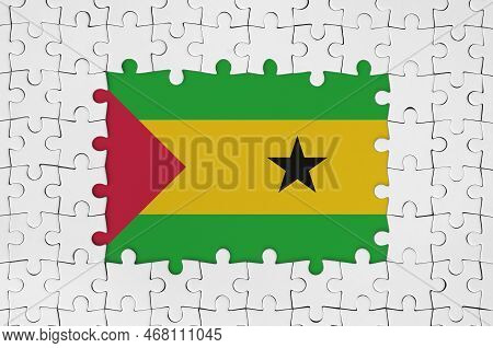 Sao Tome And Principe Flag In Frame Of White Puzzle Pieces With Missing Central Parts
