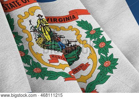 West Virginia Us State Flag With Big Folds Waving Close Up Under The Studio Light Indoors. The Offic
