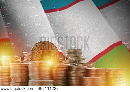 Uzbekistan Flag And Big Amount Of Golden Bitcoin Coins And Trading Platform Chart. Crypto Currency C