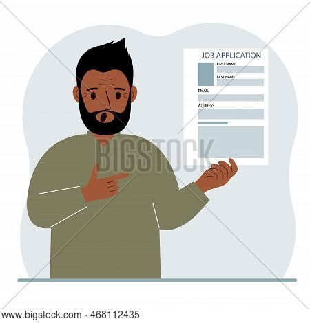 The Unemployed Man Is Holding A Resume. Candidate With Resume. The Man Is Looking For A Job. Paper S