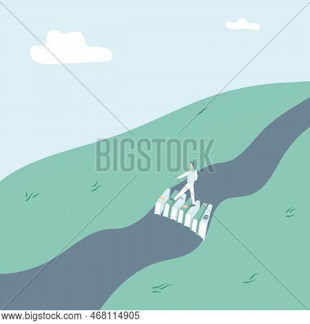 Concept: Book Is Source Of Knowledge.tiny Man Crosses River On Bridge Consisting Of Books. Book As A