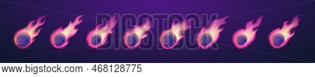 Sprite Set Of Asteroid Falling With Fire Trail Isolated On Dark Background. Cartoon Vector Illustrat