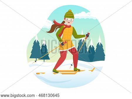Ski Illustration With Skiers Sliding Near Mountain Going Downhill In Skiing Resort In Flat Winter Sp