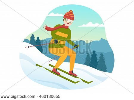 Ski Illustration With Skiers Sliding Near Mountain Going Downhill In Skiing Resort In Flat Winter Sp
