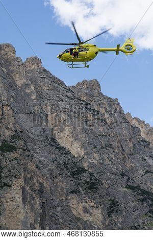 Fiames, Cortina D'ampezzo, Dolomites, Italy - July, 6,  2022 : Helicopter Rescue Service. Medical Fi