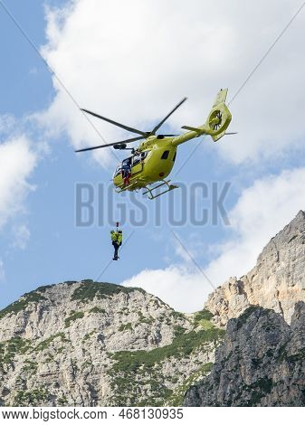 Fiames, Cortina D'ampezzo, Dolomites, Italy - July, 6,  2022 : Helicopter Rescue Service. Medical Fi