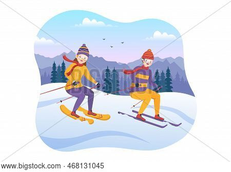 Ski Illustration With Skiers Sliding Near Mountain Going Downhill In Skiing Resort In Flat Winter Sp