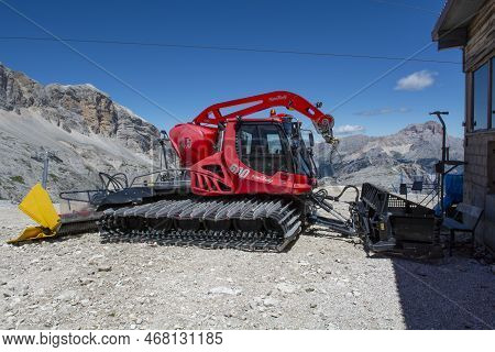 Cortina D'ampezzo, Dolomites, Italy - July, 8,  2022 : Snow Groomer In The Summer. Dolomites. Italy.