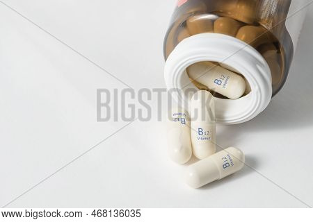 Vitamin B12. Capsules With Cyanocobalamin, Important For Metabolism And Involved In The Production O