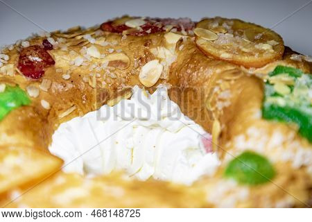 Roscón. Roscon De Reyes. Kingcake. Bun Made With A Sweet Dough In The Shape Of A Toroid Decorated Wi