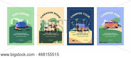 Set Of Camp Posters With Camper Van, Chair And Surfboard. Flyer With Camping Trailer Cars. Rv Carava