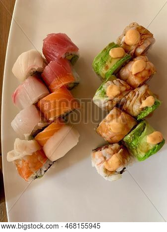 Sushi Roll, Japanese Food, Avocado Salmon And Tuna Delicious