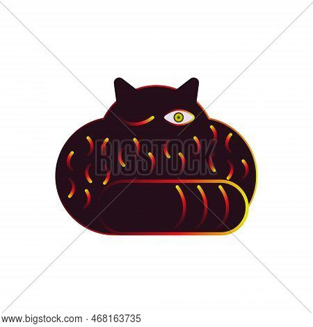 Black Psychedelic Cat With Rainbow Stroke Vintage Fifties Vector Illustration. Bright Colored Elemen