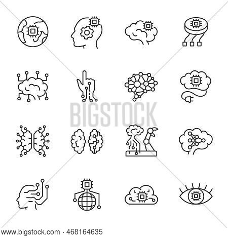 Artificial Intelligence Linear Icon Set. The Icons On The Theme Of Neurotechnology, Brain-computer I