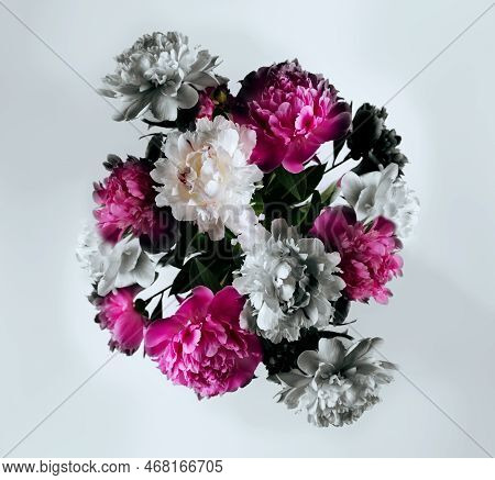 Beautiful Peonies Bouquet In Photocollage. Spring Seasonal Background.