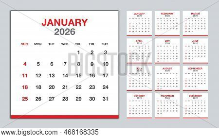 Calendar 2026 Year Red Design, Monthly Calendar Template For 2026 Year, Week Starts On Sunday, Minim