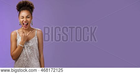 Excited Happy African-american Party Girl Harving Fun Enjoying Good Tune Music Rock-n-roll Gesture S