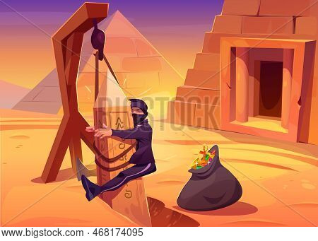 Stupid Tomb Robber In Black Trapped With Sack Full Of Antique Treasures. Vector Cartoon Illustration